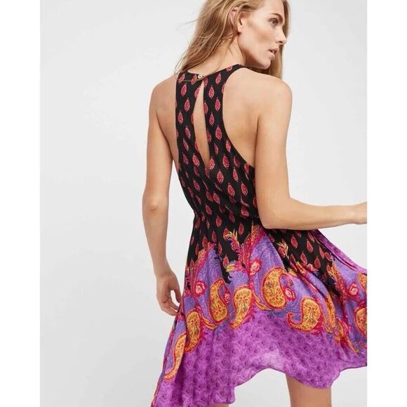 Free People Rendezvous Girl Slip Dress Black Purple Sz M Boho Asymmetrical - Picture 1 of 11